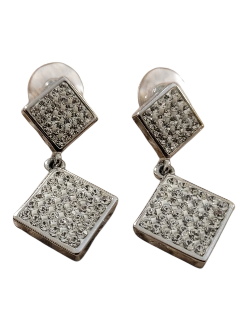 Silver Crystal Pave Square Drop Earrings